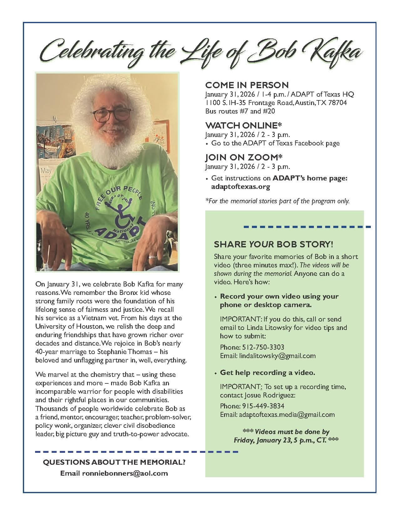 Flyer for the Bob Kafka Memorial Service in Austin, TX., on January 31, 2026. A text version of this flyer follows immediately below in the 'Memorial Service Details toggle'